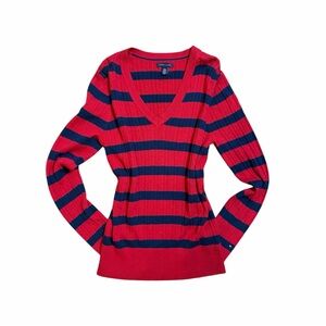 Tommy Hilfiger Women's Red & Navy Striped V-Neck Sweater Y2K